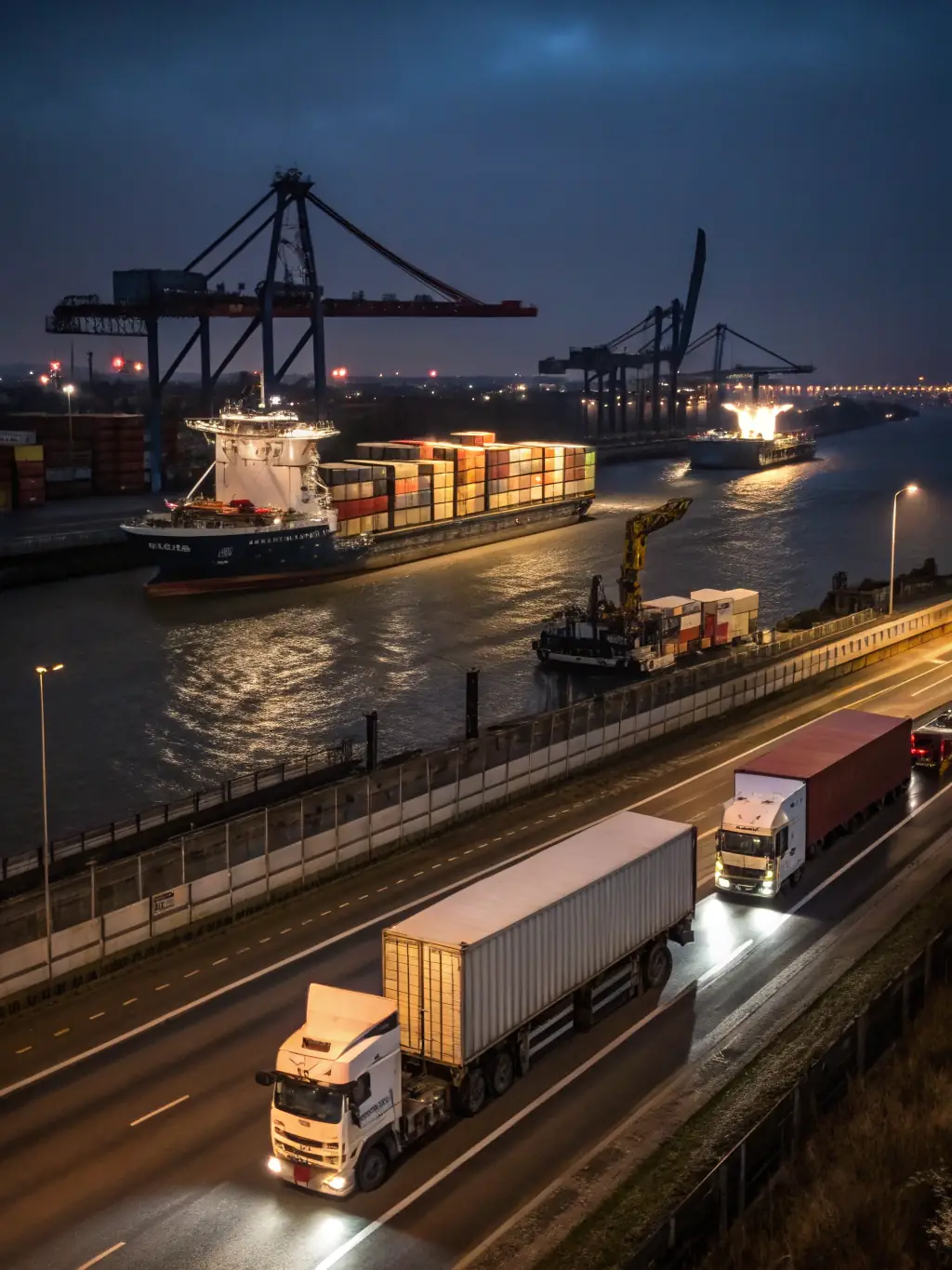A professional image depicting a fleet of commercial trucks being prepared for export at a port, highlighting the scale and efficiency of ExpoCars Global's operations.