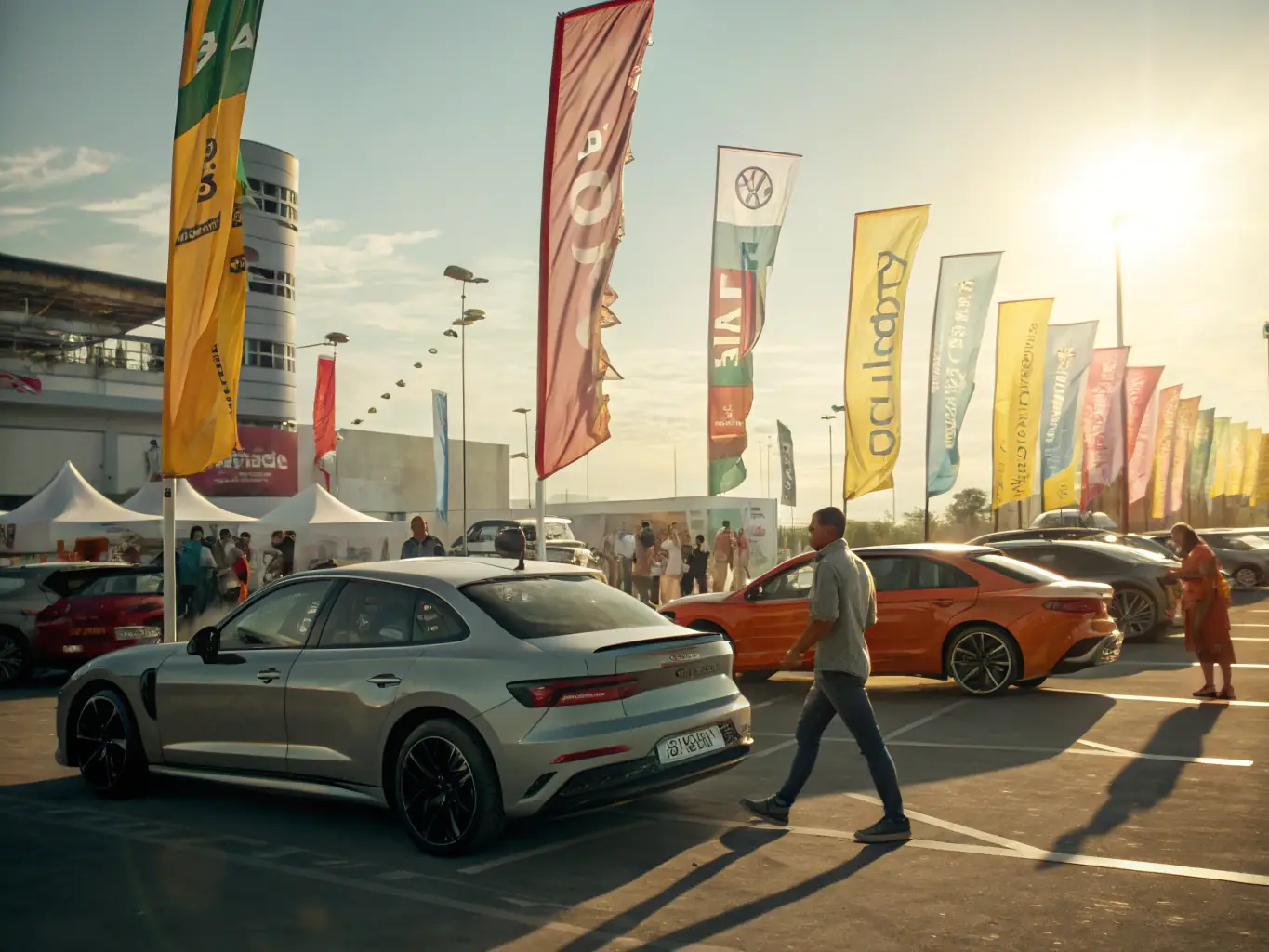 A dynamic photograph capturing the energy of an automotive event, with ExpoCars Global's promotional materials and branding visible throughout the venue.