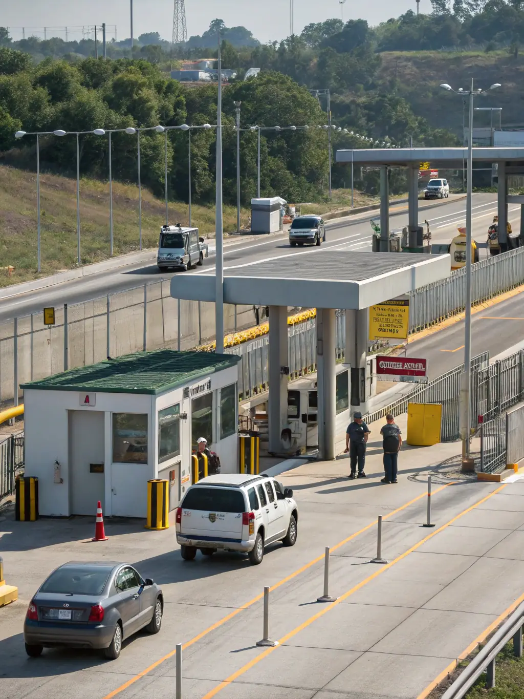 An image showing a variety of vehicles (cars, trucks, motorcycles) being processed through customs at an international border, illustrating the company's customs expertise.