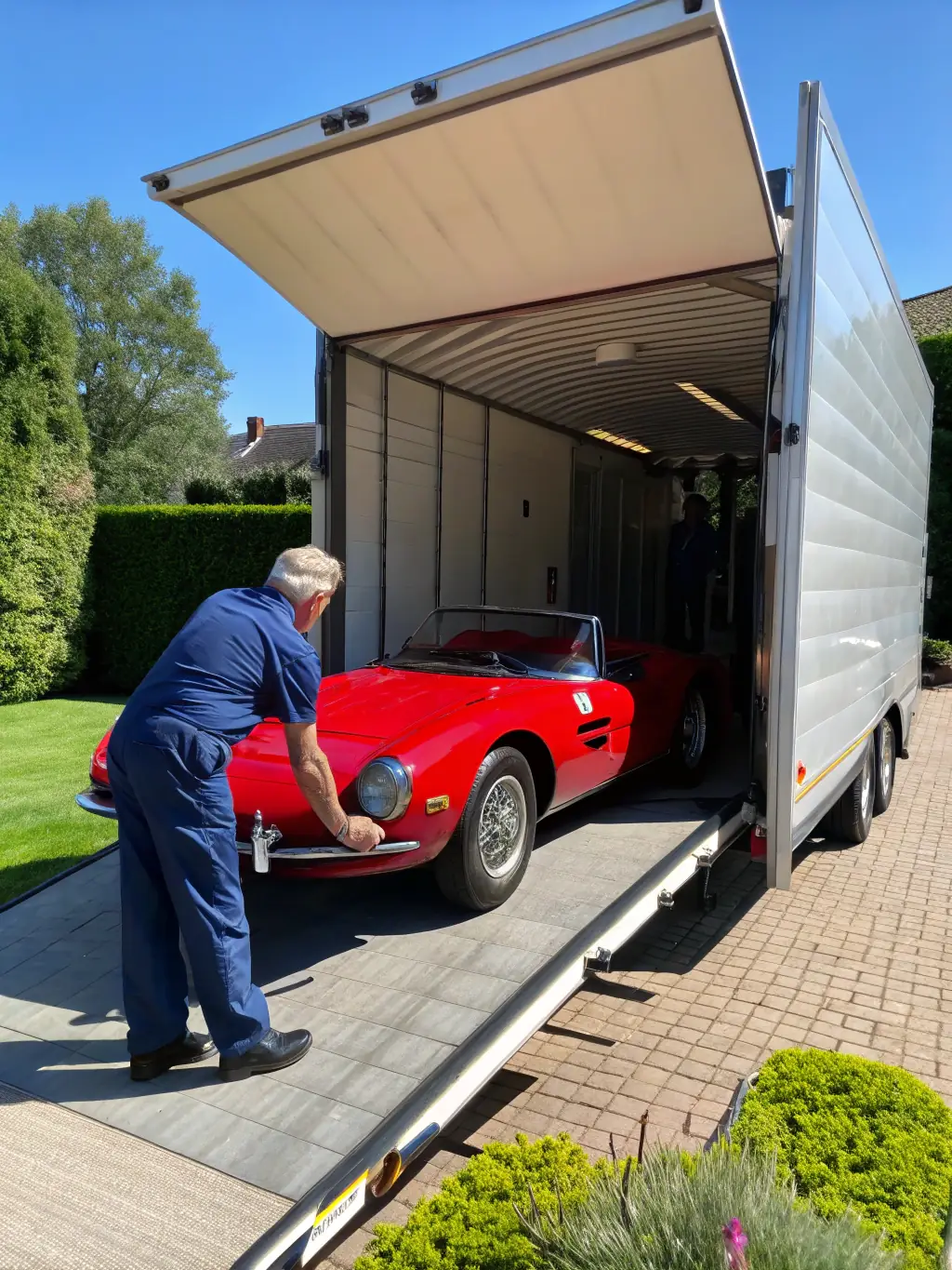 A photograph capturing a classic car being carefully unloaded from a container, showcasing the company's expertise in handling vintage and collectible vehicles.
